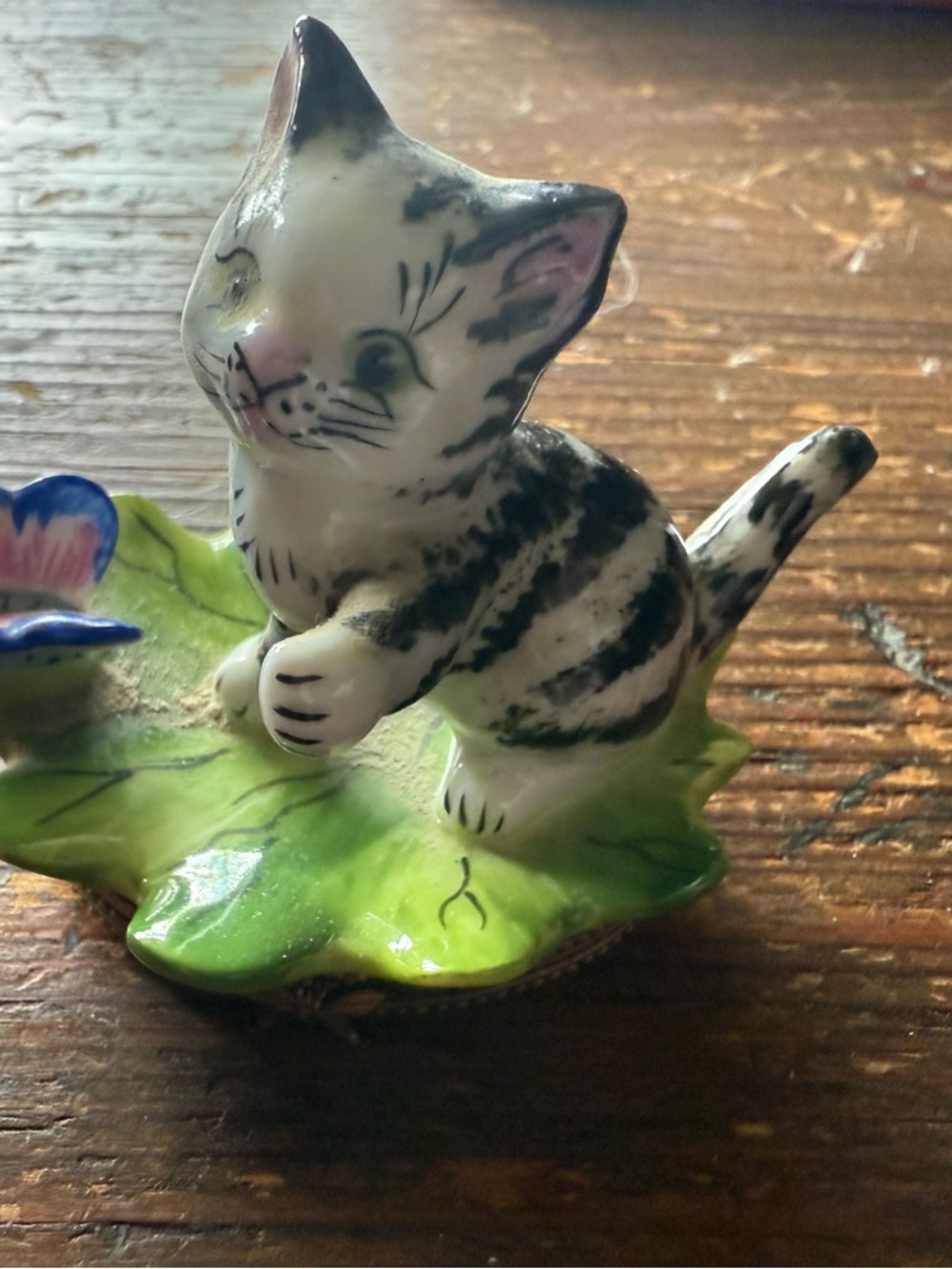 Limoges Porcelain Gray and White Tabby Kitten on Green Leaf